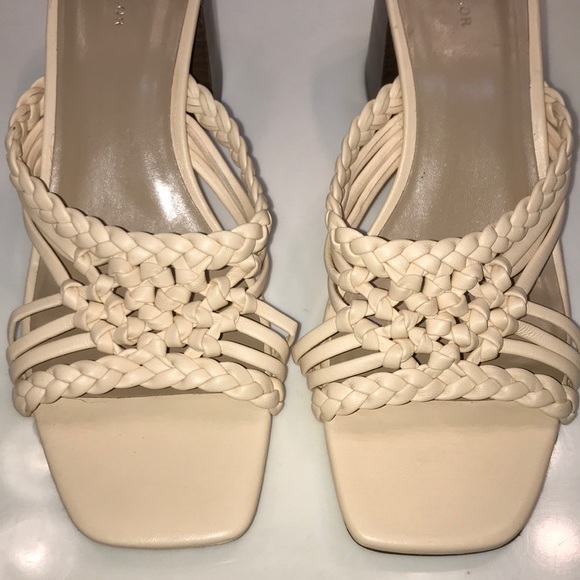 Ann Taylor Women’s Leather Cream Woven Braided Square Toe Chunky Block Heels - Picture 3 of 7